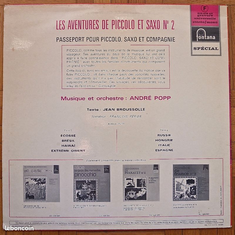 33T André POPP/ Jean BROUSSOLLE/ François PERRIER – Passeport Pour Piccolo Saxo Et Cie (1960's) (image 2)