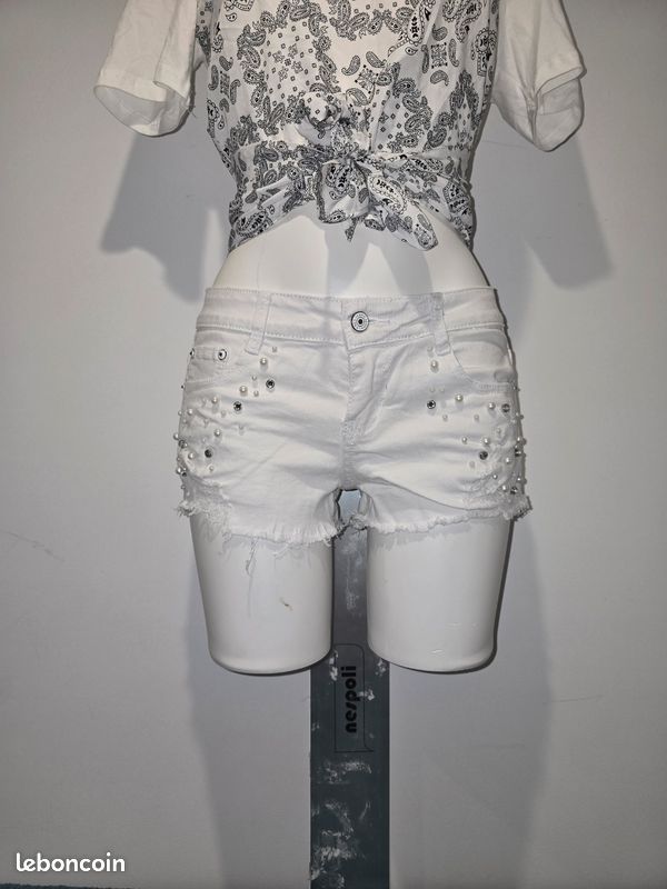 Short en jean blanc avec perles et strass jovial denim m 38 (image 6)