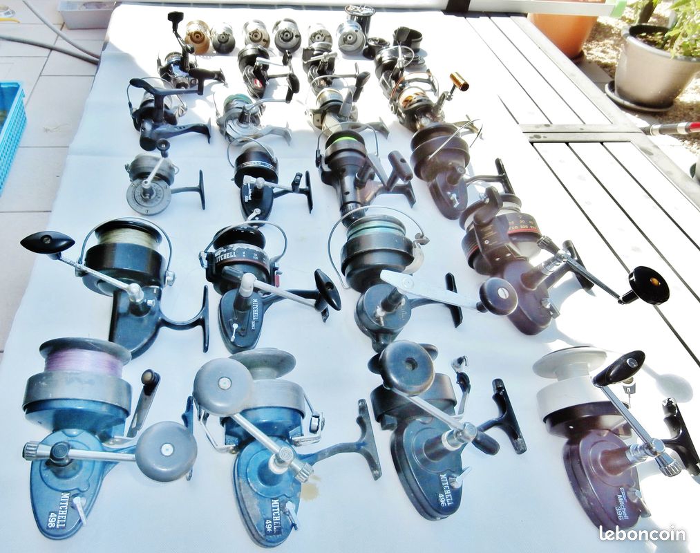 Cannes à pêche surf casting 4,5 m carbone + autres cannes en fibre de verre pleines et creuses – Pêche au gros – 1 Long piquet pour cannes surf casting – Moulinets divers petits et très gros (image 20)