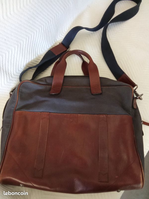Sacoche bicolore cuir et toile (image 1)
