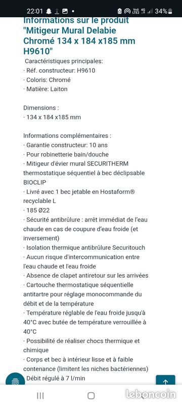 Mitigeur robinet Delabie H9610 thermostatique sequentiel mual (image 3)