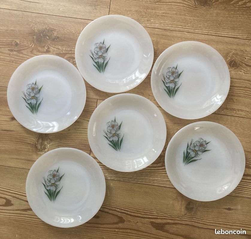 Lot De 6 Assiettes Arcopal Vintage Années 80 - Motif Fleur, Rondes, Occasion En Bon état, Fabrication Française