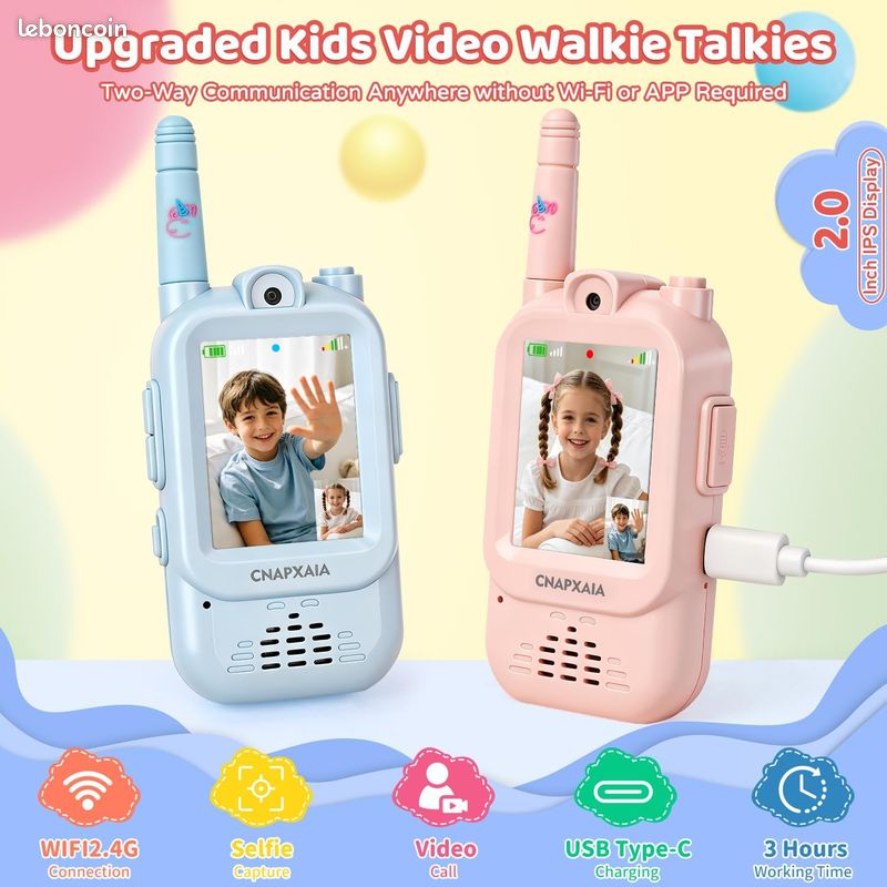 Jouet Extérieur écran LCD Talkie-walkie Enfant Avec Caméra, Rechargeable – Portée 400m, 4 Modes Voix, écran LCD, Bleu/rose Jouet Extérieur écran LCD Talkie-walkie Enfant Avec Caméra, Rechargeable – Portée 400m, 4 Modes Voix, écran LCD, Bleu/rose