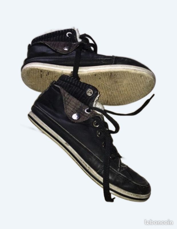 Basket haute cuir noir fourrée 33 montante à lacet (image 1)