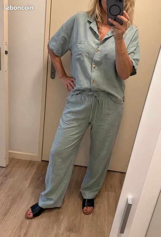 Ensemble etam home femme L/40 chemise + pantalon coton lin été casual loungewear vacances (image 1)
