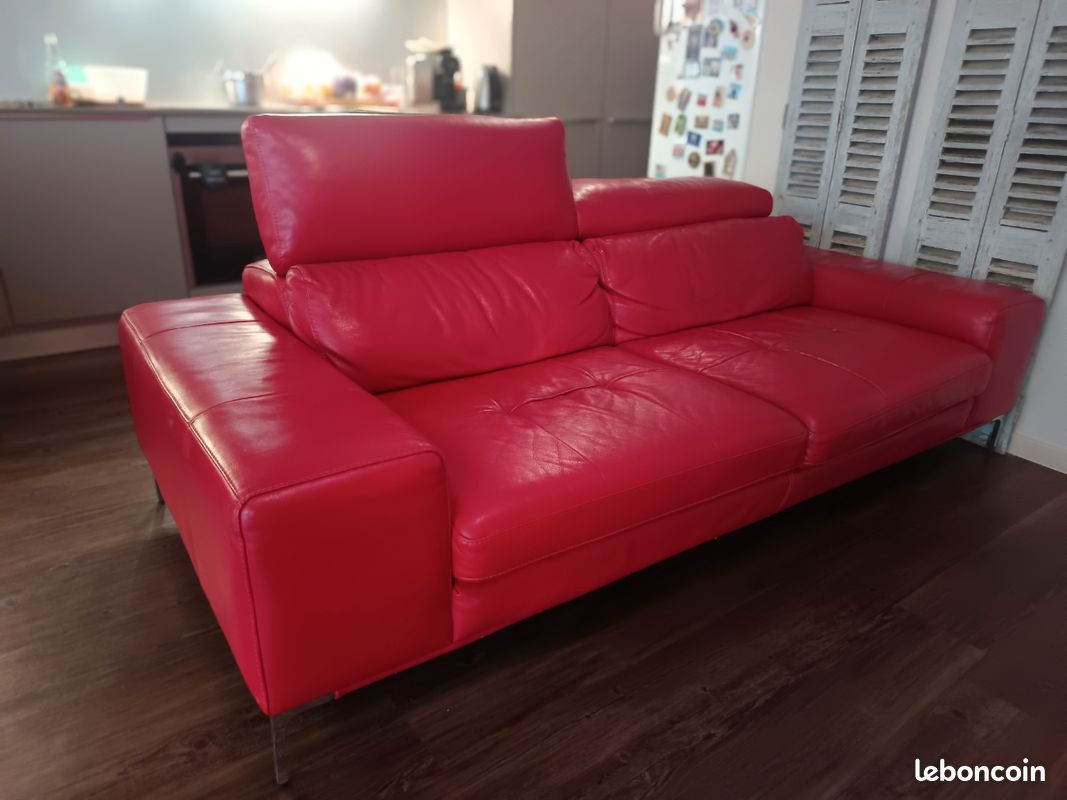Salon cuir rouge XXL Maison - canapé + fauteuil + 2 poufs - design (image 3)