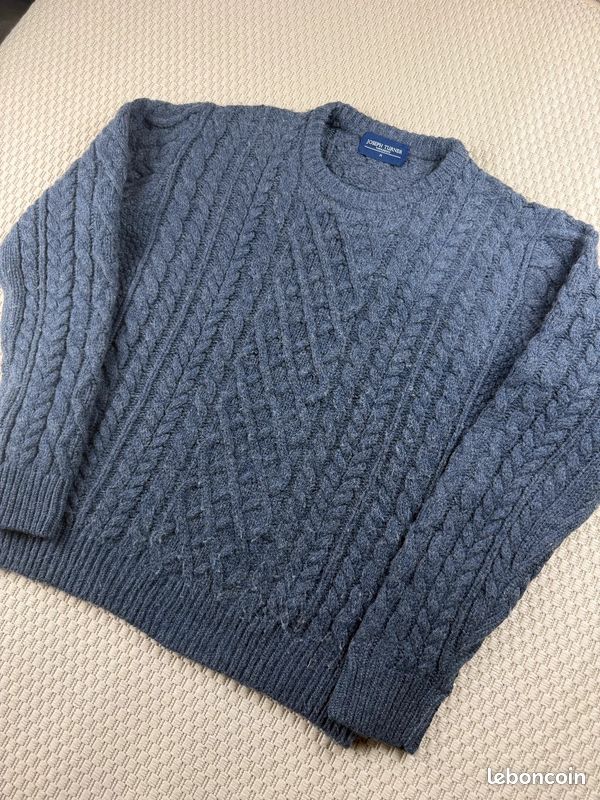 Pull aran 100% laine Joseph Turner col rond homme M Bleu, Gris 90s Vintage AR0262 #AR0262 (image 3)
