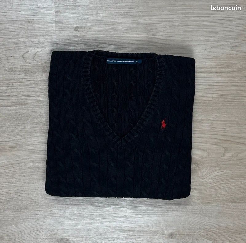 Pull Col Rond en Maille Torsadé Ralph Lauren Noir en Coton Logo Brodé Rouge Taille M Femme (image 1)