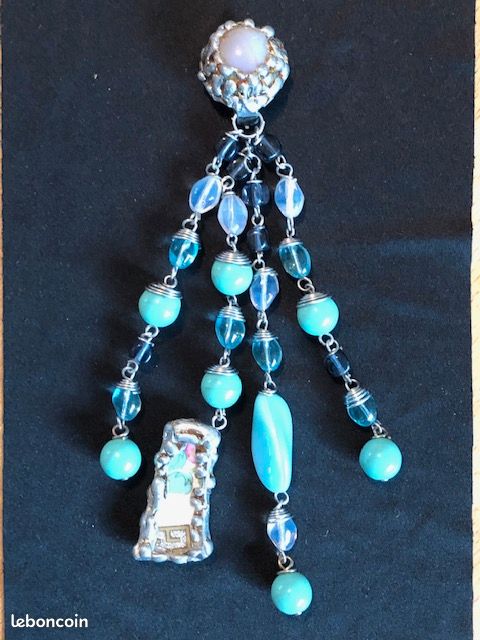 Magnifiques boucles d'oreilles en perles de verre turquoise, vintage, années 90 (image 3)