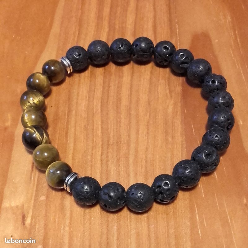 Bracelet Perles – Œil De Tigre Vert, Bleu Clair Et Lave – Abijoux – Neuf Avec étiquettes