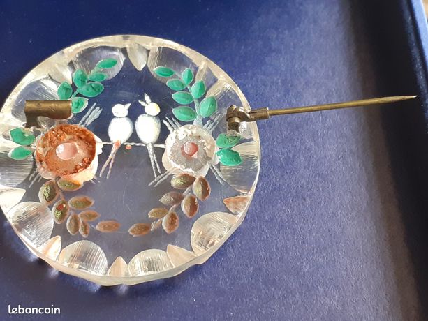 Grande Broche Vintage En émaux Cloisonnés Et Métal Argenté - Motif Oiseaux Et Fleurs