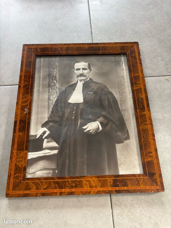 Portrait Ancien Juge Avocat - Grand Cadre Marqueterie Bois Précieux 19ème/20ème (image 1)