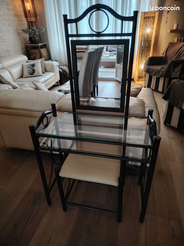 Coiffeuse en métal noir avec miroir et tabouret assorti (image 7)