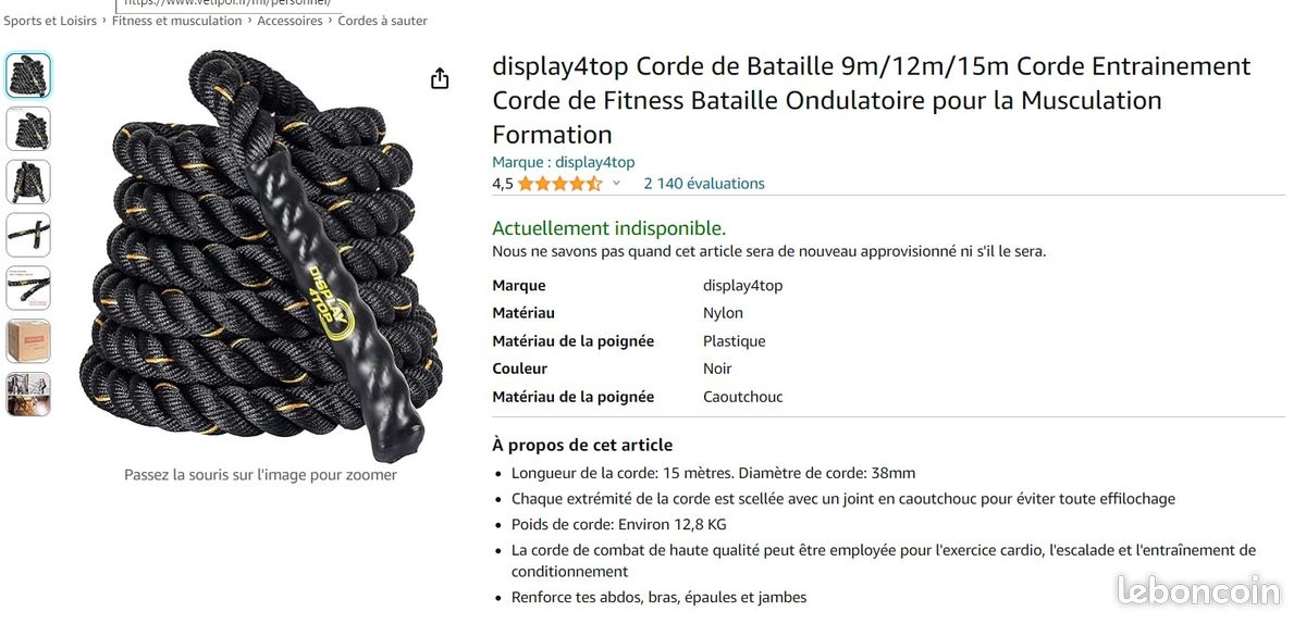 Corde Ondulatoire D'entraînement - 15 M, épaisseur 51 Mm - Pour Musculation, Fitness - Extrémités Caoutchoutées