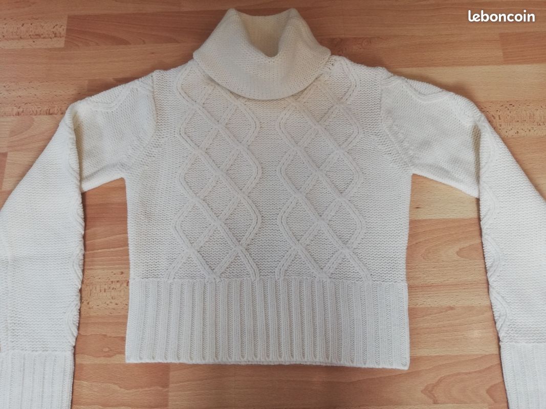 Pull Col Roulé Manches Courtes Torsadé écru Taille 2 - Occasion Très Bon état