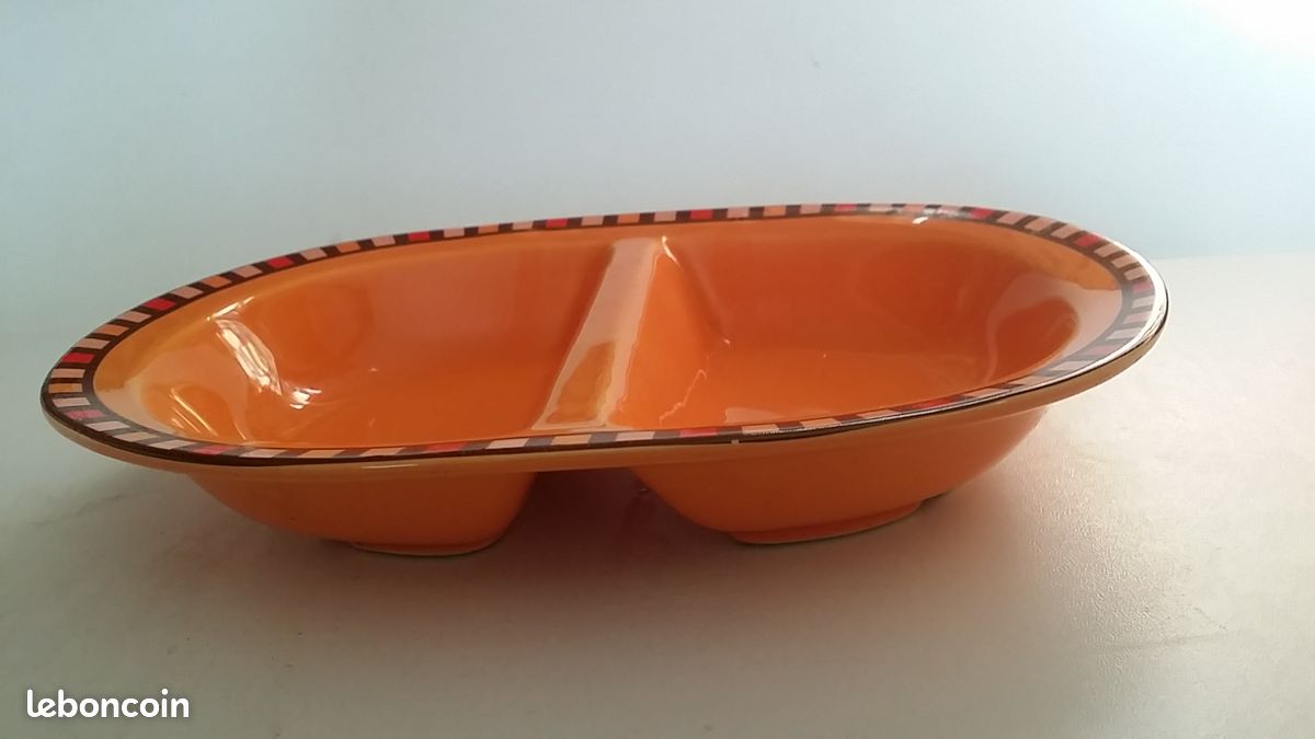 Plat de service / de présentation forme ovale vintage orange en céramique avec bordure décorative pour apéritif tapas etc (image 2)