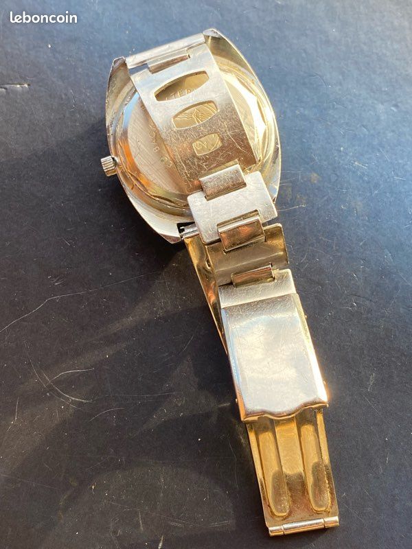 Montre Vintage Inotime Homme - Cadran Gris, Boîtier Doré, Bracelet Cuir Noir - Années 2000