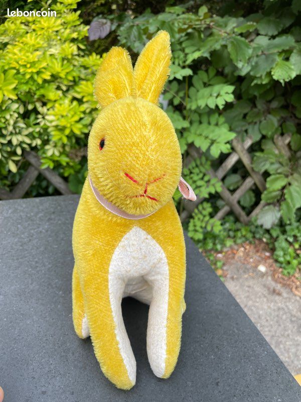 Ancienne Peluche Lapin Vintage – Années 70, 37 Cm, Jaune, état D'usage