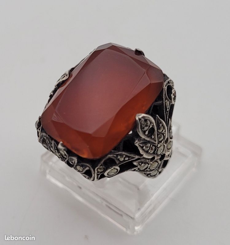 Bague Art Déco En Argent - Sertie D'une Cornaline - Taille 53 - Occasion