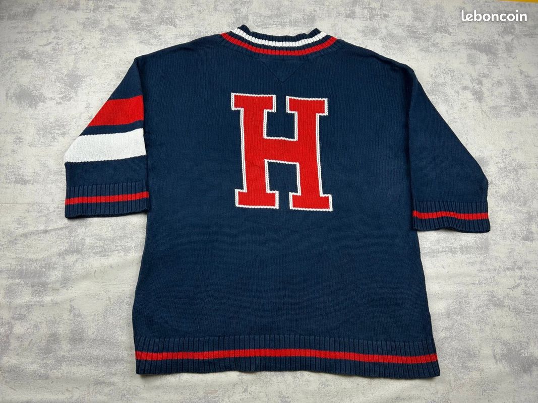 Pull col V Tommy Hilfiger denim preppy cricket 100% coton bleu marine Femme taille S coupe matière (image 5)
