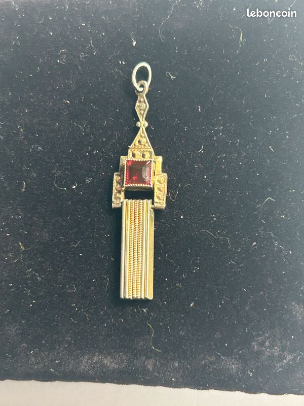 Pendentif Ancien Style Art Déco En émail Rouge Et Strass - Rétro, Goutte D'eau, Métal Argenté