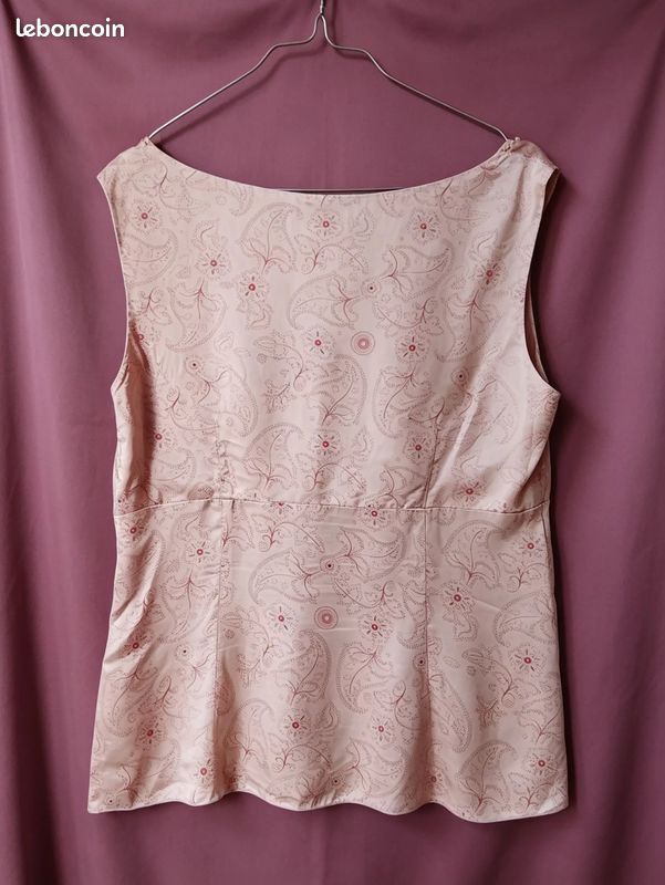Débardeur sans manche en Soie véritable col brodé de perles & imprimé cachemire beige/rose poudré -WEILL Paris - T44 - Excellent État (image 2)