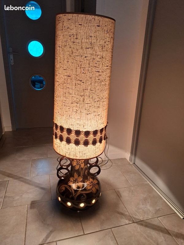 Lampe à Pied Vintage Années 70 – Pied En Céramique Marron – Pour Salon