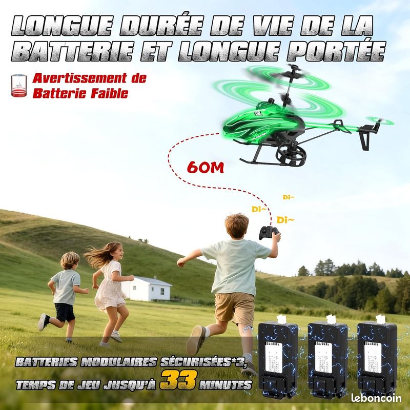 Hélicoptère Télécommandé 4,5 Canaux Avec Gyro Et 7 Lumières LED – 3 Batteries Pour 33 Min De Vol – Cadeau Enfant 6 Ans Et + (Rouge)