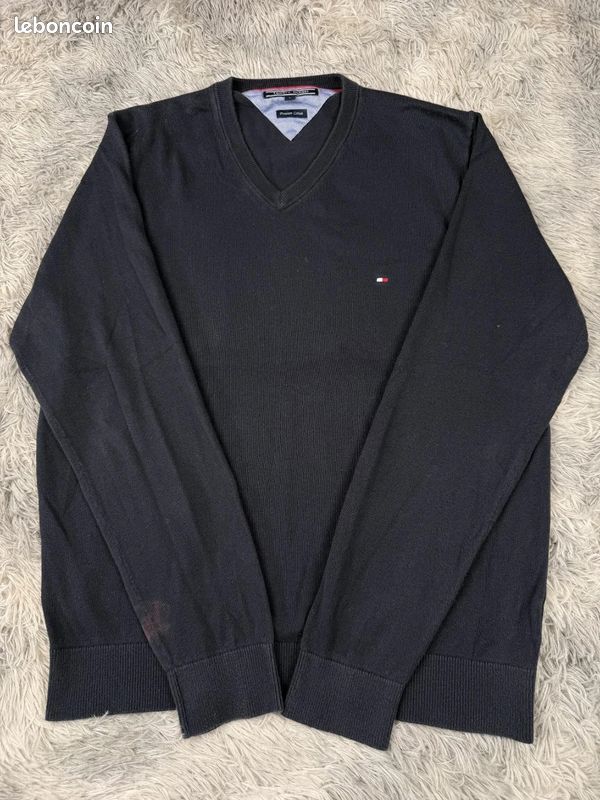 Pull à col V Tommy Hilfiger coton brodé bleu marine Homme taille L #PTM345 (image 3)