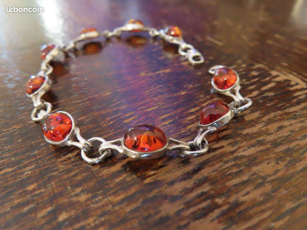 Bracelet En Argent Massif Et Ambre - Bijou Ancien, Occasion