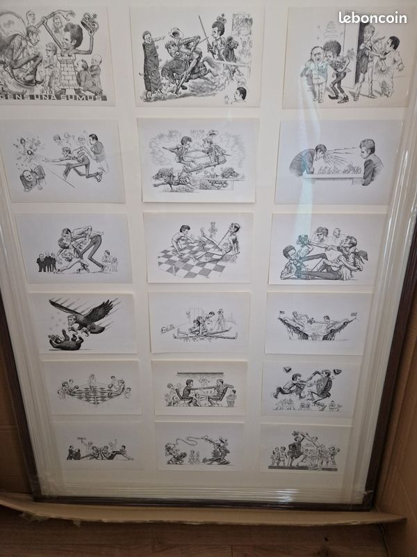 Lot complet de 18 CARICATURES de FISCHER SPASSKY échecs 1972 par Haldor PETURSSON avec très grande cadre d'exposition (image 1)