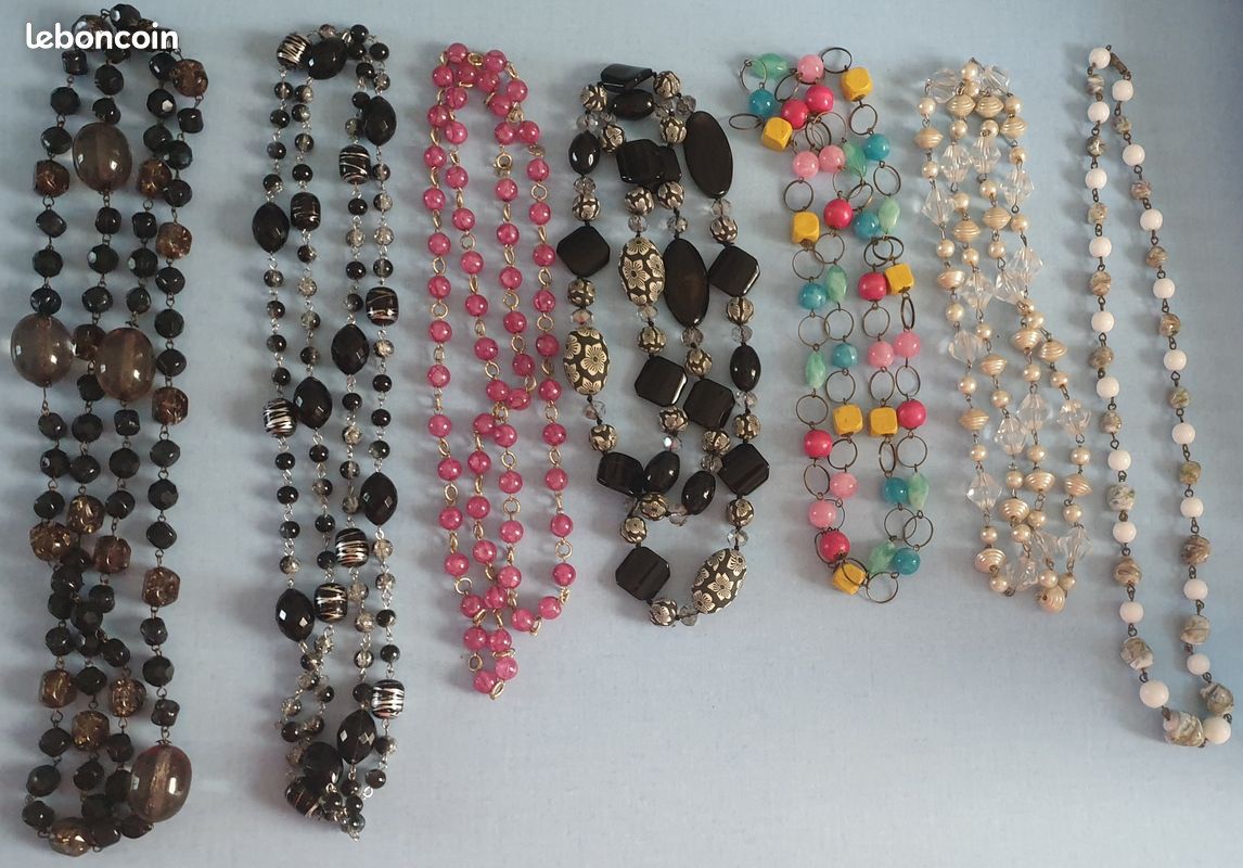 Collier Sautoir En Perles De Bakélite - Long, Beige Et Multicolore - Vintage, Occasion