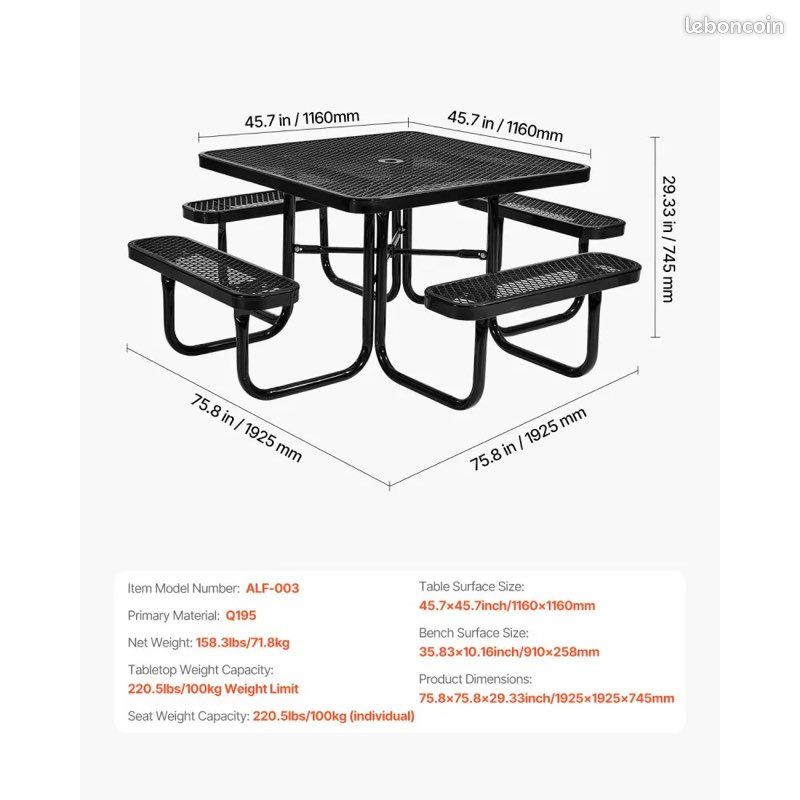 Table de pique-nique carrée VEVOR avec 4 bancs, ensemble de mobilier de jardin résistant aux intempéries pour terrasse, tables en acier revêtu avec trou pour parasol (image 5)