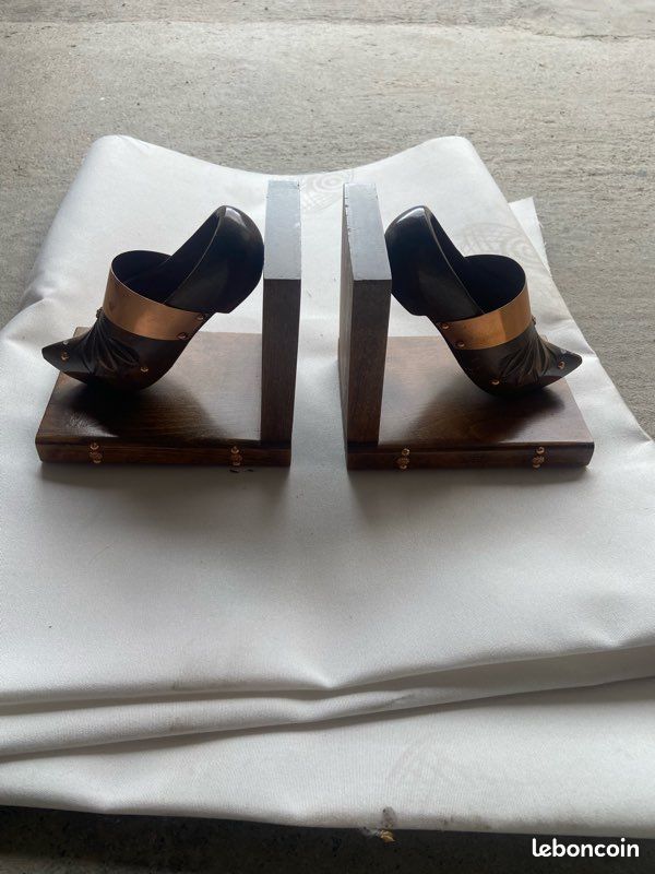 🪵 Paire de serre-livres vintage sabots bois & cuivre + 2 mini-sabots (image 2)