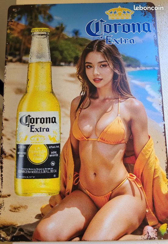 Plaque alu 30 cm x 20 cm de la bière Corona avec pin-up (image 1)