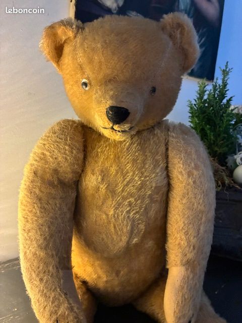 Grand Ours Ancien 60cm - Paille Et Mohair - Jouet De Collection Teddy