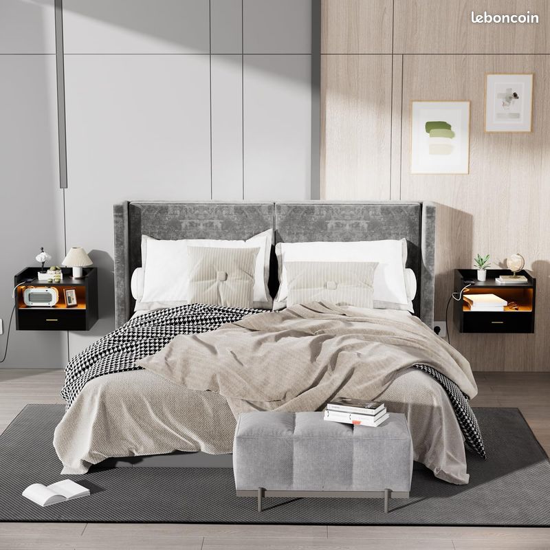 Lot de 2 tables de chevet suspendues avec prise LED (image 2)