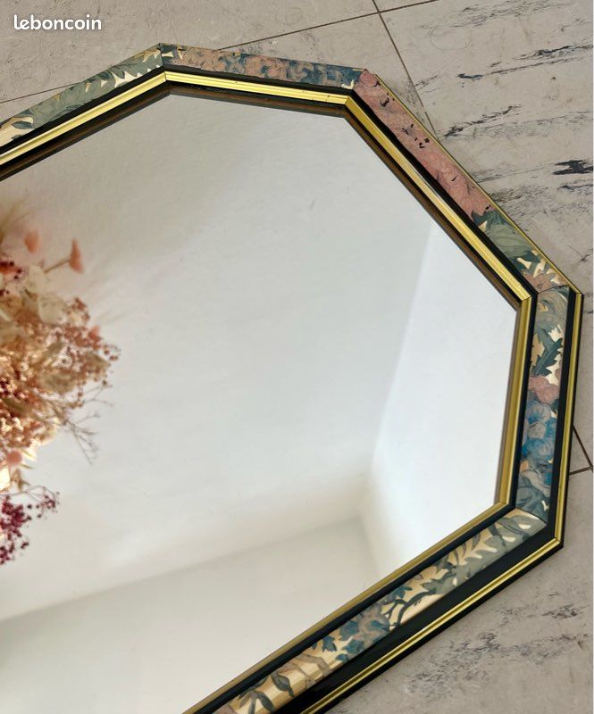 Miroir octogonal au joli décor fleuri + liseré doré, en bois, vintage et tendance (image 5)