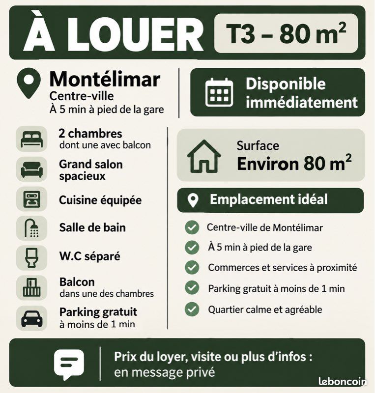Appartement 3 pièces 80 m² · à Montélimar · 80 m² · 800 €/mois