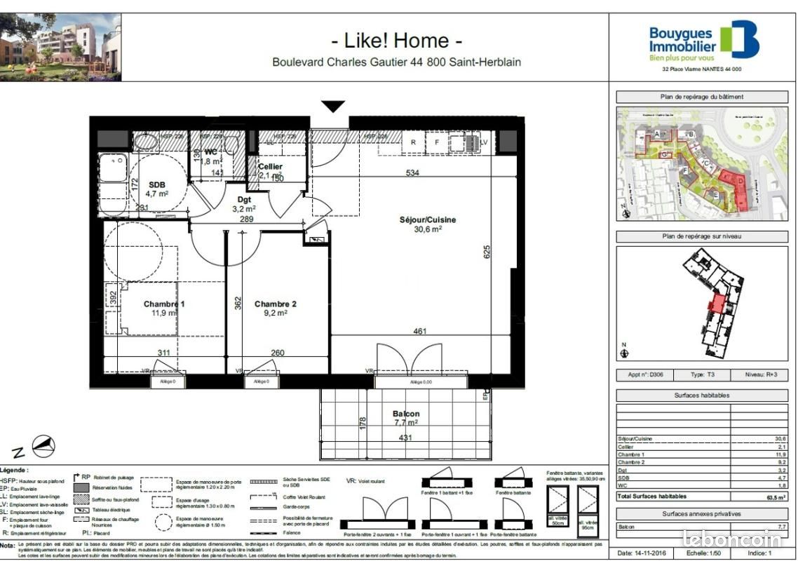 Appartement 3 pièces 63 m² · à Saint-Herblain · 63 m² · 883 €