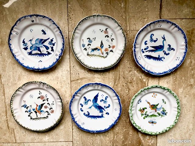 6 assiettes faïence Moustiers décor oiseaux signées (image 1)
