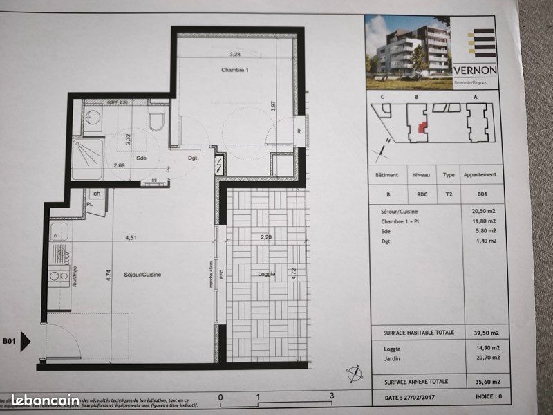 Appartement 2 pièces 40 m² · à Beauzelle · 39,5 m² · 628 €/mois