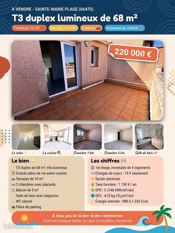 Appartement 3 pièces 68 m² · à Sainte-Marie-la-Mer · 68 m² · 220 000 €