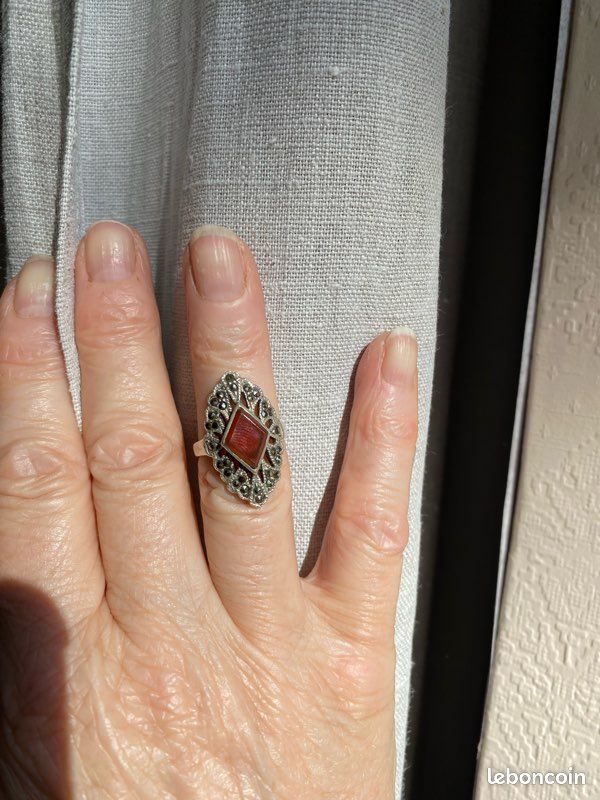 Bague Marquise Argent Massif Avec Marcassites - Taille 51/52 - Occasion - Style Vintage