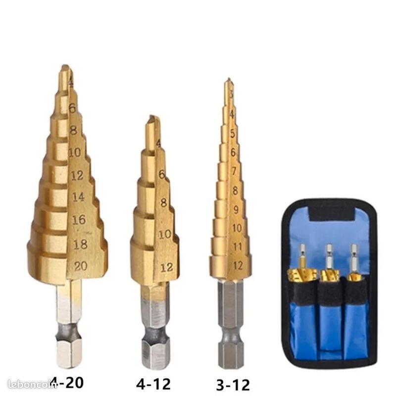 Perceuse étagée Wildoda à cannelure droite HSS, tige hexagonale, jeu de forets d'alésoir, bois revêtu de titane, trou en métal, sac de gril, 3-12, 4-12, 4-20mm, 3 pièces (image 1)
