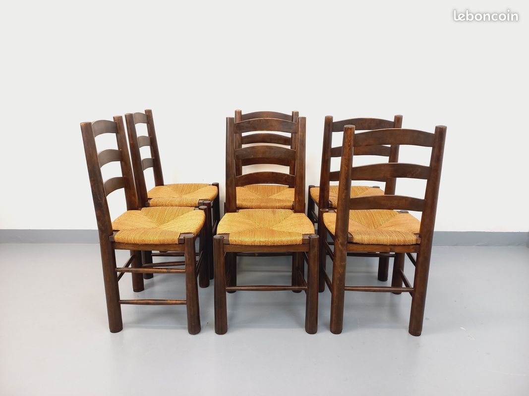 Suite de 6 chaises brutalistes vintage Georges Robert en bois et paille des années 50 60 (image 6)