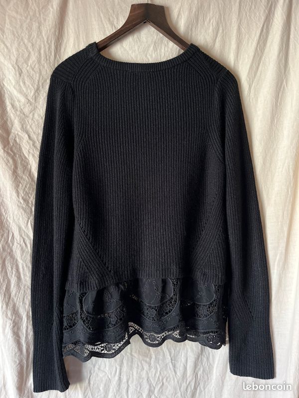 Pull maille côtelée Coton/Angora/Laine Maje dentelle florale brodée finition festonnée 3/L (image 2)
