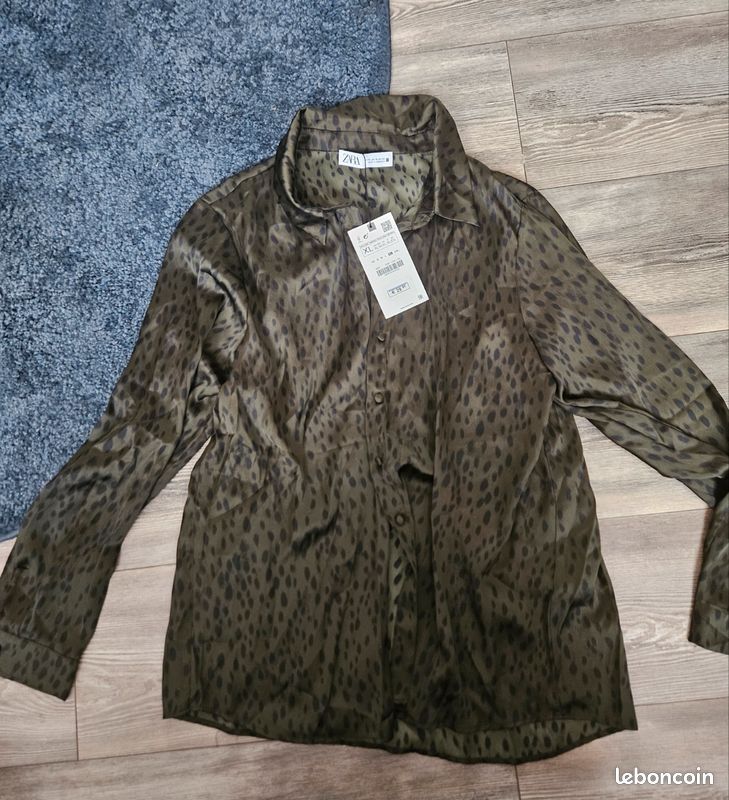 Superbe chemise femme Zara XL vert foncé effet satiné neuve