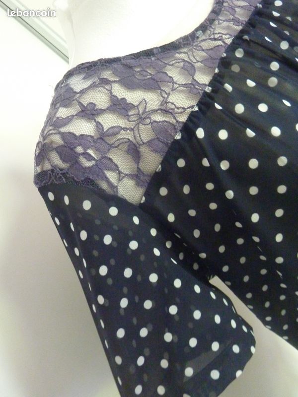 Tunique Femme CHARMANCE Taille 46/48 – Marine à Pois Blancs, Manches Courtes, Coton