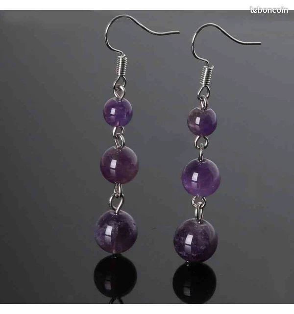 Boucles d'oreilles pendantes 3 boules en Améthyste (image 5)